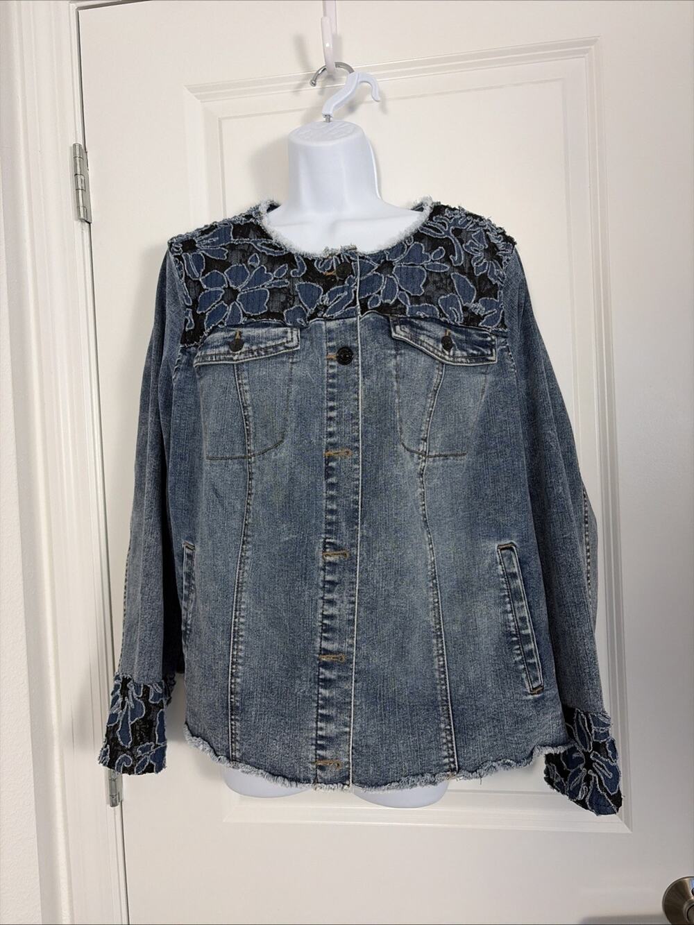 logo by lori goldstein Limited Edition Floral Laced Denim Jacket Embossed Button